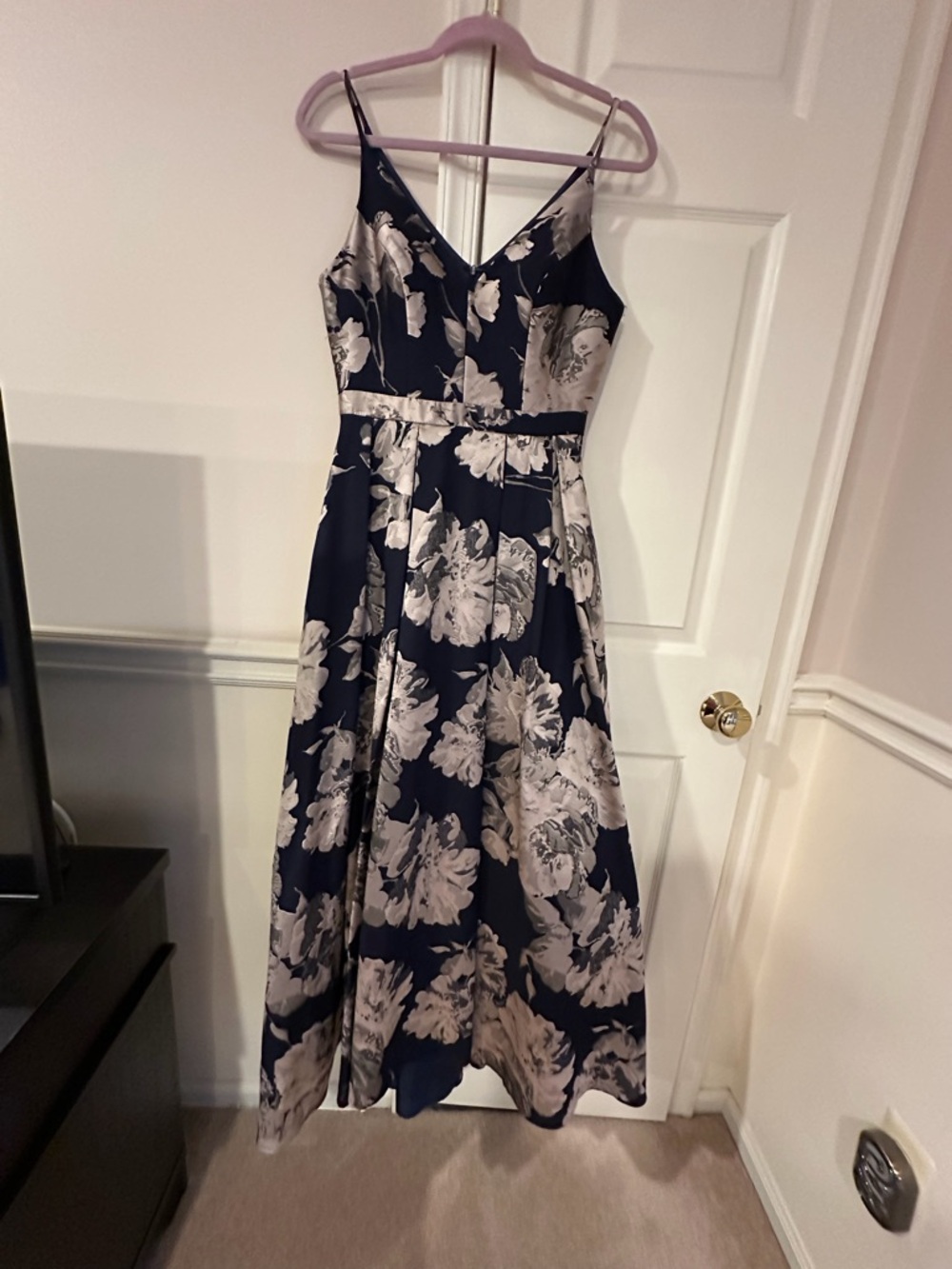Xscape Navy and Light Pink Floral Midi Dress